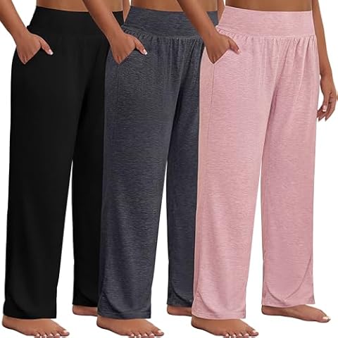 Neer 3 Pack Women Plus Size Wide Leg Yoga Pants High Waist Sweatpants Plus Size Palazzo Pants Lounge Pants with Pockets (Black,Dark Grey,Pink,2X-Large) Cover