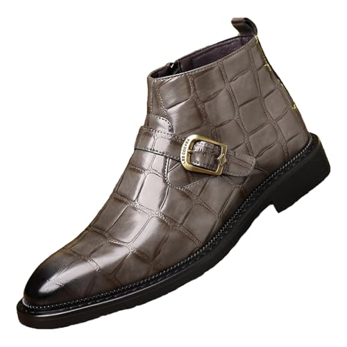 Image of Chelsea Boots for Men's Leather Print Monk Buckle Slip On Dress Boots with Side Zipper Fashion Pointed Toe Buckle Strap Classic Business Chukka Boots for Casual Work Party Oxford Booties