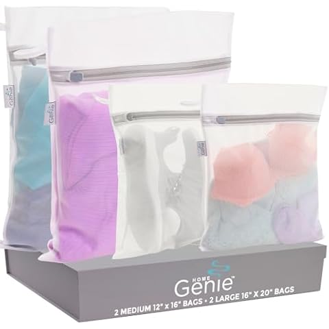HOME GENIE Durable and Gentle Mesh Laundry Bags for Washing Delicates, Silicone Zipper, Machine Safe for Bras Lingerie Baby Garments, Net Bag for Tangle Free Wash Dry, Travel, 4 Pk Medium and Large Cover