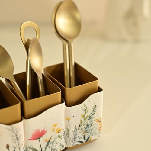 Image of Brick Brown Premium Metal Triflora Cutlery Holder - Spoon Stand for Kitchen | Spoon Holder for Dining Table | Wooden Caddy Storage Organizer | Stand Caddy Holder for Kitchen Utensils (6.3x8x9.5in)