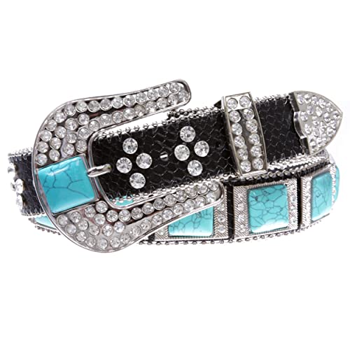 Cowboy Cowgirl Western Rhinestone Leather Belt with Big Turquoise Stone Concho2