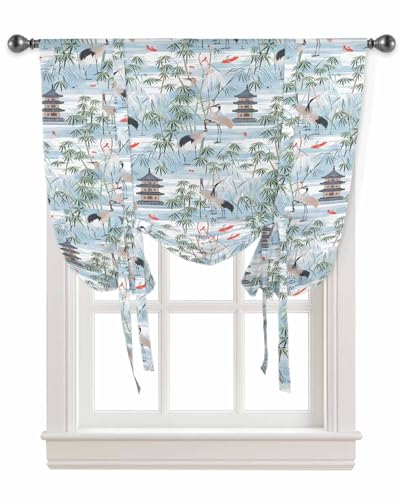 Tie Up Curtains for Kitchen Windows,Watercolor Chinese Style Plant Animal Adjustable Balloon Shade Curtain Panel Rod Pocket Drapes for Small Window Decor 34