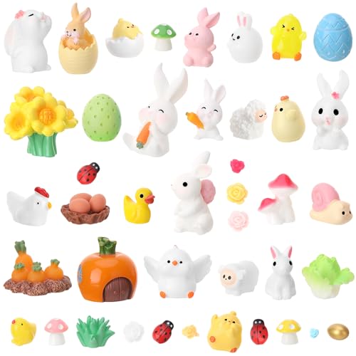 GGSTDDUP 45 Pcs Easter Mini Resin Figurines, Miniature Sculptures Small Farm Bunny Chick Fairy Garden Decor for Egg Stuffers Gift Fairy Garden Cake...