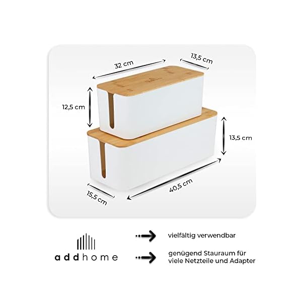 addhome Kabelbox 2er Set weiß aus ABS-Kunststoff mit Bambusdeckel inkl. Gummifüße und Klettband | Kabelmanagement… – Bild 4