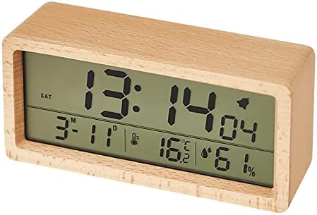 IGVMZJ Wooden Digital Alarm Clock for Bedroom with Night Light, Calendar, 12/24 Hours, Temperature and Humidity, LCD Alarmclock for Snooze Kids Adults(Size:One Size,Color:Beech)