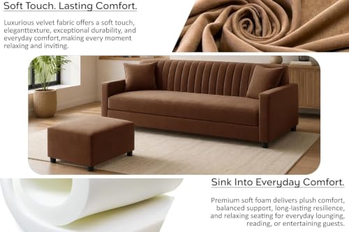 Image of Modern Three Seater Wooden Sofa Set with Ottoman, Soft Velvet Upholstery, Comfortable Couch for Living Room, Office & Apartment - Brown Color