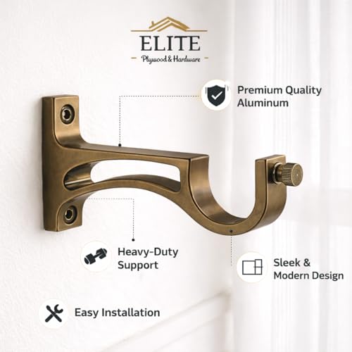Image of Elite Aluminum Curtain Rod Brackets - Heavy-Duty Wall Mount Clamps for Curtain Rod Support for Door and Window Curtain Rods with Screw and Wall Plug - Pack of 2PCS (Brass Antique ARC)