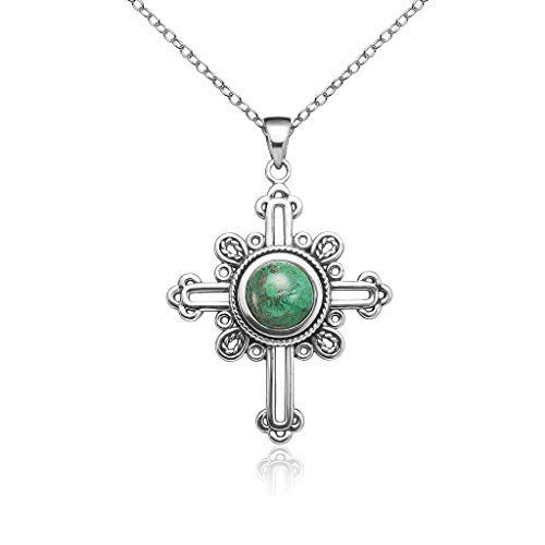 Solidsilver - Sterling Silver Byzantine Cross Pendant Necklace With A Crysocola Stone #TOP9