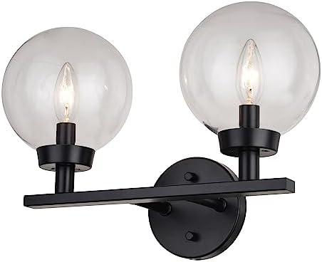 VAXCEL Lander 2-Light 15 inch Wide Matte Black Transitional Bathroom Vanity Lighting Fixture, Clear Glass Globe Shade, Dimmable, LED Compatible, Reversible Over The Mirror Mounted Steel Wall Sconce