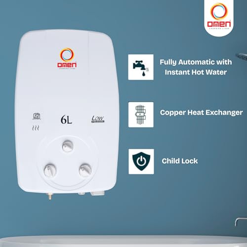 Image of Omen Changing Lives 6Liter LPG Gas Geyser | Instant Hot Water | Copper Heat Exchanger | Anti-Rust Coating | Multi-Safety | For Bathroom & Kitchen | 2-Year Warranty