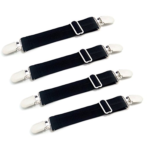 Adjustable Bed Sheet Corner Holders Elastic Grippers Suspenders Holder Straps Clips Fasteners, Mattress Cover Fasteners | Nickel Plated Clamps with Fabric Protector / Black, 1-Pack (4 pcs)