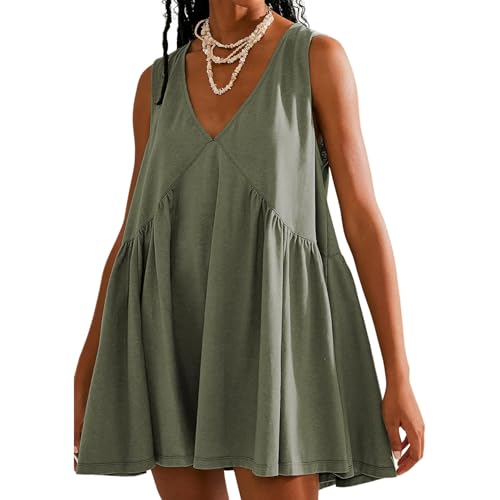 AOWVUTS Sommerkleid Damen V-Ausschnitt Ärmelloses Lässige Mini Kleider Swing Leicht T-Shirt Strandkleid Einfarbig Kurze Freizeit Kleider A-Linie...
