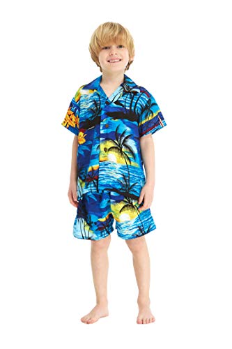 Matching Hawaiian Luau Sibling Boy Girl Fairy Dress Aloha Shirt in Sunset Blue3