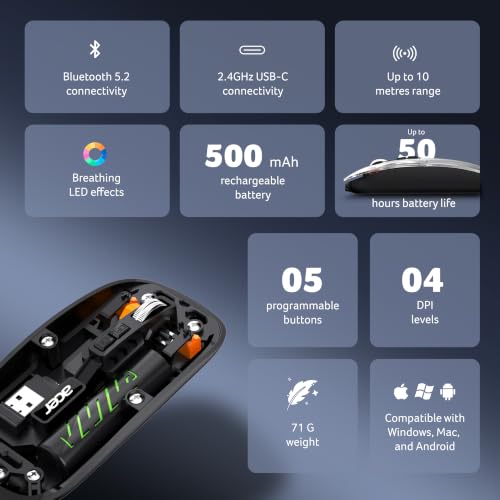 Image of Acer Clearview Wireless Mouse, Dual Mode Bluetooth 5.2 & 2.4GHz, Rechargeable 500mAh Battery, RGB Lighting, 3200 DPI Adjustable, Silent Portable Mouse for Laptop, PC, Mac & Tablet, Black