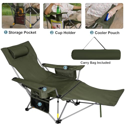 Image of Romswi 2Pack 4-Position Reclining Camping Chair with Removable Footrest, 2-in-1 Adjustable Portable Lounge Chair with Cooler Bag, Cup Holder, Side Pockets & Carry Bag for Outdoor, Olive Green