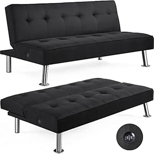 Topeakmart Fabric Futon Sofa, Convertible Futon Bed, Folding Couch, Sectional Sleeper Sofa for Small Space with USB Ports, Folding Sofa for Compact Living Space, Apartment, Office, Living Room Black