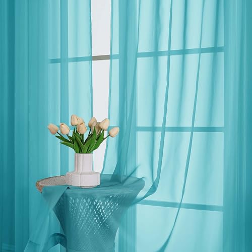 Image of OWENIE Extra Long Turquoise Sheer Curtains 96 Inches Long 2 Panels Set, Soft Lightweight Airy Voile Sheer Curtain for Bedroom Living Room, Rod Pocket Solid Color Farmhouse Curtains, 59 inch Wx96 L Inch