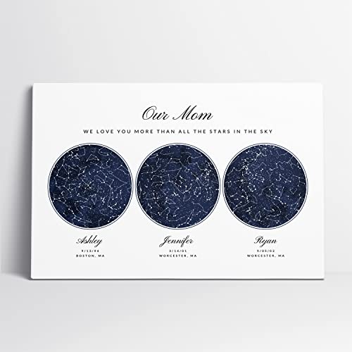 Custom 3 Skies Map Print, Navy Watercolor Constellation Star Map, Wedding Anniversary Birthday Love Story Gift for Him Her Wife Husband, Mother's Day Father's Day Valentines Day Christmas Gift, Wall Art Prints (3 Circles)