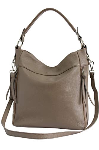 AmbraModa GL030 - Bolso de hombro italiano para mujer en cuero genuino, bolso de mujer, bolso bandolera, bolso hobo (Taupe)