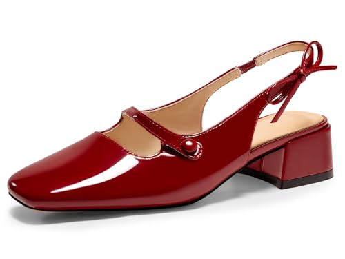Image of Coutgo Womens Mary Jane Shoes Slingback Chunky Low Heels Bow Closed Square Toe Pumps Wedding Party Dress Shoes