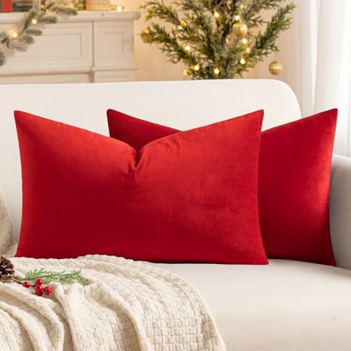 MIULEE 2er Set Samt Soft Solid Dekorative Quadrat Wurf Weihnachten Kissenbezüge Set Kissen Fall für Sofa Schlafzimmer Leuchtendes Rot 12x20 Zoll 30x50 cm