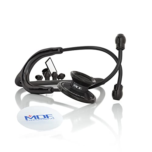 Image of MDF Instruments, Engravable - Acoustica Lightweight Custom Stethoscope for Doctors, Nurses, Students, Home Health Use, Adult, Dual Head, Black Tube, Black Chestpiece-Headset, MDF747XPBO-ENGRAVING | Dual Head, rotating chestpiece, Lifetime warranty, Free-Parts-for-Life, Latex-free, For doctors, nurses, students home health