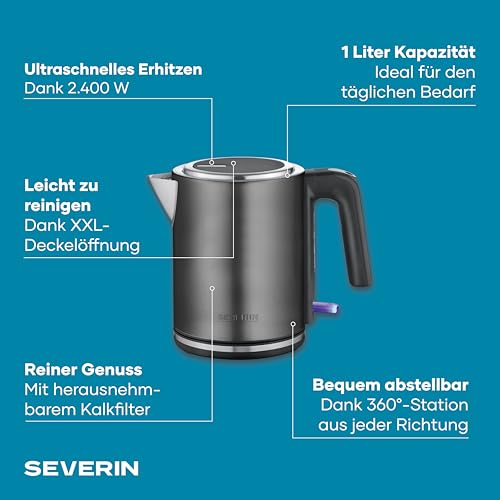 Severin Wasserkocher mit Fast-Boil-Power und Kalkfilter, 1 L Fassungsvermögen, Einhandbedienung, Teekocher mit 360° drehbaren Sockel… – Ansicht 2