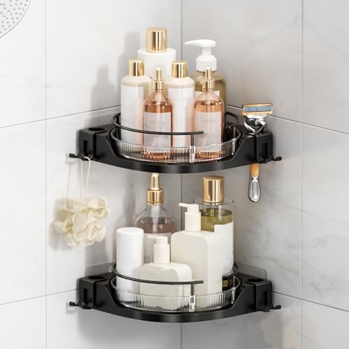360Rotating Corner Shower Caddy(2-Pack) No-Drill Adhesive Shower Shelf Organizer with Hooks Lazy Susan Bathroom Storage for Bathtub Shower Corner & Kitchen Sink Space Saving Bathroom Organizer
