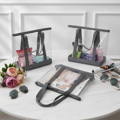Image of Silkfly Clear Tote Bags Bulk, PVC Shoulder Handbag, Security Approved See Through Bag with Zipper Closure for Work