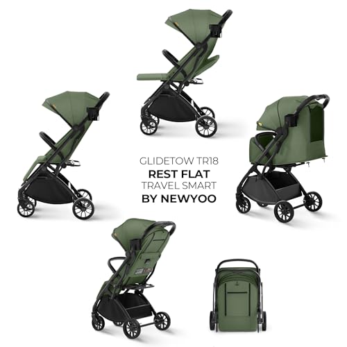 Image of newyoo GlideTow TR18M Travel Stroller, Compact Foldable Baby Toddler Stroller with Cup Holder, One-Hand Quick Fold, Near Flat Recline Seat, Dark Green