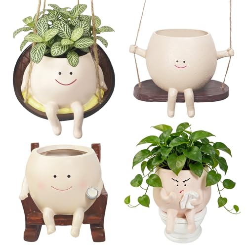 Chrotopic 4 Pack Cute Plant Pots Unique Style Cute Planters Soft PVC Resin Small Hanging Swinging Planter Indoor Outdoor Decor Gift for Plant Enthusiasts