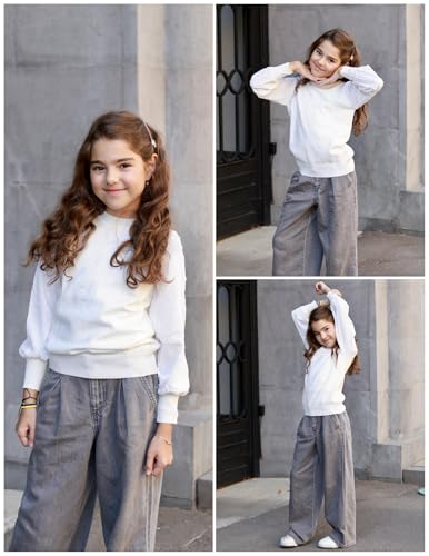 Image of Arshiner Girls Puff Long Sleeve Sweaters Crewneck Lace Polka Dot Casual Knit Tops Pullover Jumper Outwear for Kids