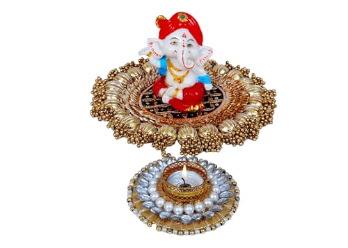 Image of Handmade Gota Patti Work Plate, Table Decor & Base for Statue, Gods, Plant, Craftsmanship with Golden Moti Detailing, Gift for Diwali, Birthday, Housewarming (Size 9 inches)