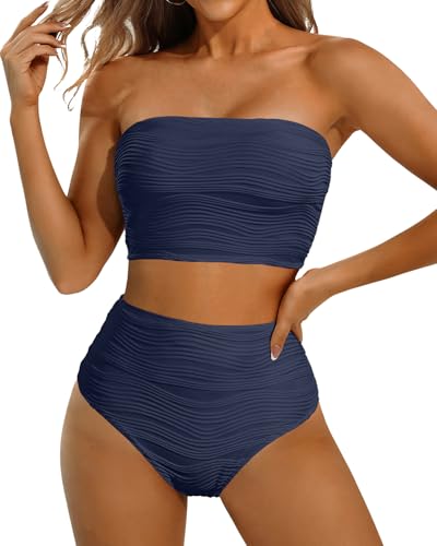 Image of High Waisted Bandeau Bikini Set - Women Strapless Two Piece Swimsuits Ribbed Longline Full Coverage Bathing Suits Swimwear