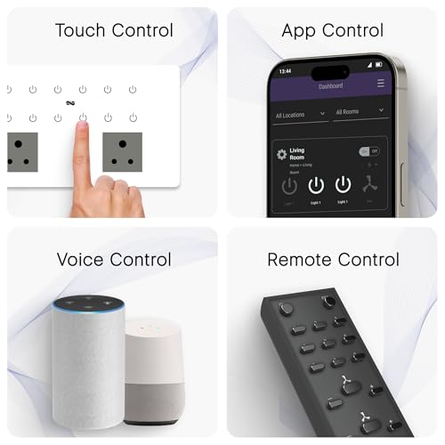 Image of IOTICS Smart Wifi Switch Board: 12 x Switch & 2 Smart Plug Module. Touch Control, Remote, App Control. Voice Control with Alexa & Assistant. Smart Touch Switch Board For Home Automation (White)