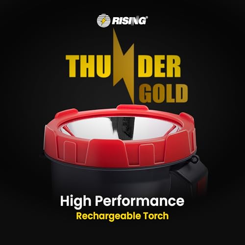 Image of RISING Thunder Gold Rechargeable 5W LED Torch with Emergency Sidelight | 4000mAh Li-ion Battery | Type-C Fast Charging with Power Bank Option| 1KM Long Range Beam | Upto 12 Hours Backup