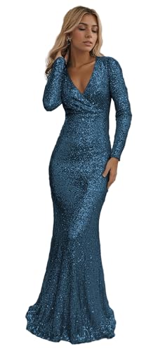 Sparkly Prom Dresses for Women Long Sleeve Formal Dress Mermaid Evening Party Gown