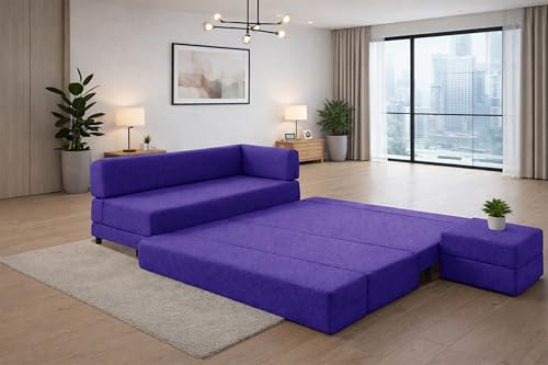 Image of Leg Sofa Cum Bed with Ottoman | Jute Fabric | Multipurpose Folding 3 Seater Sofa Bed 5x6 Ft for Living Room | Space Saving Furniture | Modern Design - Purple