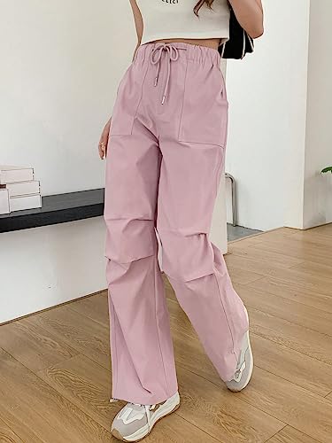 Floerns Women's Casual Drawstring High Waist Straight Leg Slant Pocket Parachute Baggy Cargo Pants4
