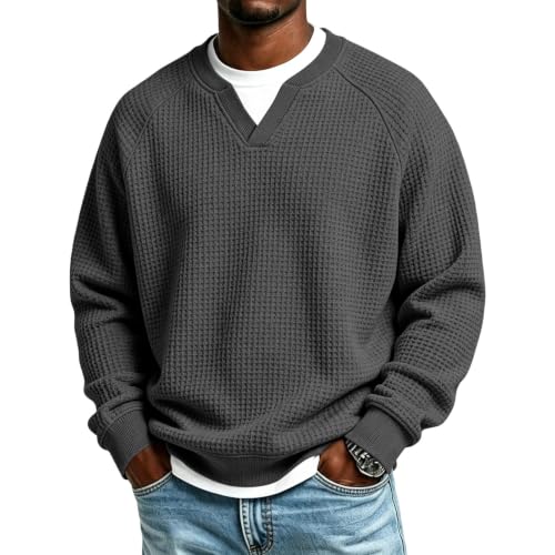 Mens Waffle Shirt Long Sleeve Plus Size Textured V Neck Thermal Work Shirts - image 1