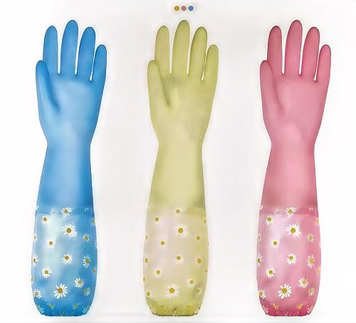 FixiZy Kitchen Cleaning Gloves 3 Pairs-Reusable Rubber Gloves Non-Slip Laundry Kitchen Gardening Household Gloves(Long Cuff)