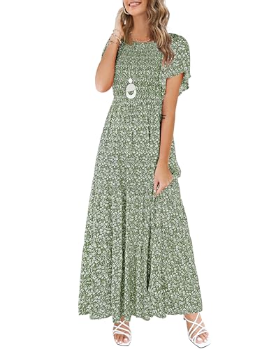 Image of Kranda Women 2025 Summer Fall Crewneck Short Sleeve Smocked Floral Maxi Dress