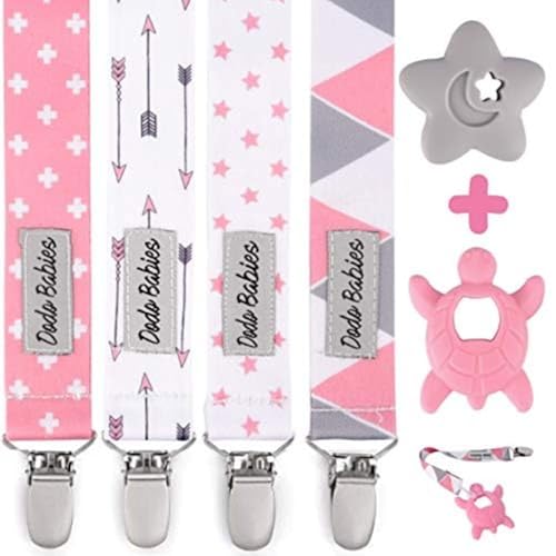 Image of Dodo Babies Pacifier Clip & Teether Toy Set - Four Clips Plus Two Silicone Teether Toys - Universal Holder Fits Most Paci Brands - Fun Pink and Gray Prints for Girls or Boys
