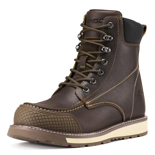 Image of NINGO Steel Toe Work Boots for Men, 6 Inch Full Grain Leather Moc Toe Boots for Men with Non Slip Wedge Outsole, Durable TPU Protective Toe Cap Mens Safety Shoes EH Rated for Construction Welding