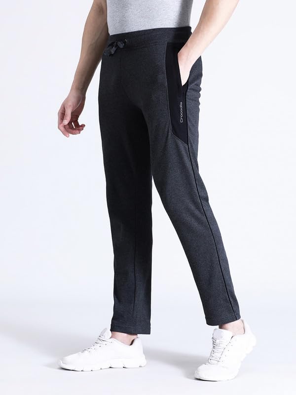 Image of CROCODILE Men Solid Slim Fit Track Pant | Mid Rise | Drawstring Waist | Regular Length | Casual Sports Lounge Bottomwear Navy Melange
