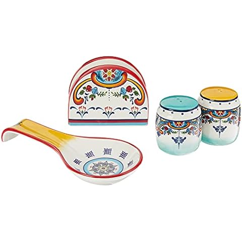 Euro Ceramica Zanzibar Collection Vibrant Ceramic Tableware Necessities, 4 Piece Completer Set, Spanish Floral Design, Multicolor Cover