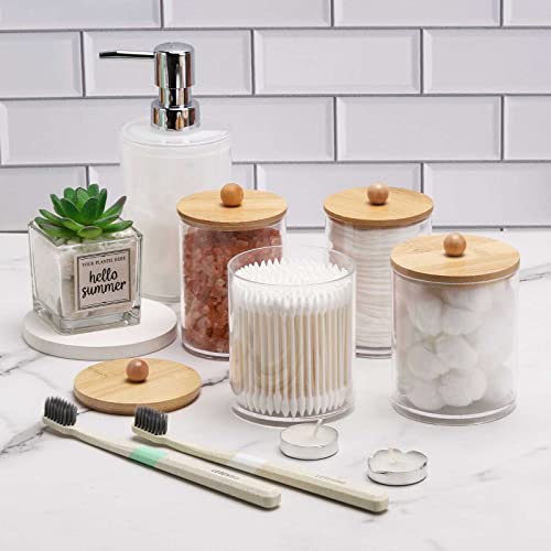 Image of Tbestmax 4 Pack Qtip Holder Dispenser Cotton Ball, Cotton Swab, Floss - 12oz, 10 oz Clear Plastic Apothecary Jars for Bathroom Organizer and Storage Containers (Bamboo Lids)
