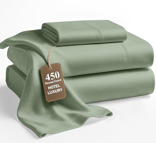 Image of LANE LINEN Twin XL Bed Sheets Set - 450 Thread Count Set - 100% Cotton Sheets Twin Size Bed Set - Ultra Soft Cotton Bed Sheet Set for College Dorms - Sateen Weave Hotel Sheets - Iceberg Green