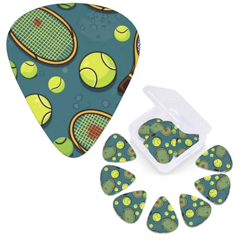 Paquete de 12 púas de guitarra, 3 púas de guitarra de diferentes grosores con caja de almacenamiento, raquetas de tenis y pelotas de tenis, púas de guitarra, accesorios de guitarra medianos y finos, 4
