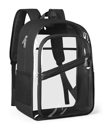 KIMNERPU Clear Backpack Fabric & PVC Transparent Bookbag with Padded Straps for Women Men Large Capacity 4-Layers See Through Heavy Duty Back Pack for Work Travel Concert Festival Security L (Black)